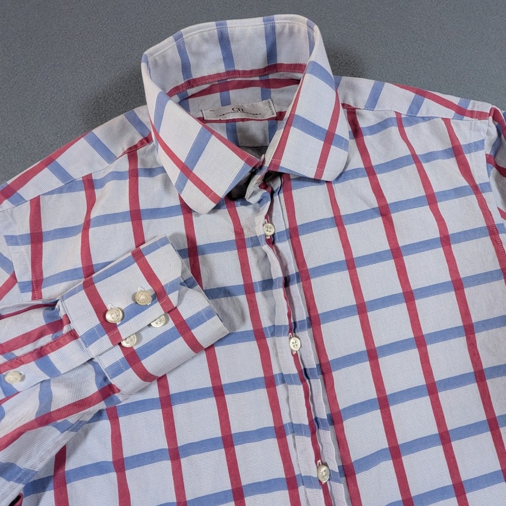 Carolina Herrera Button Down Shirt Mens 15.5 Blue Red Plaid Long Sleeve